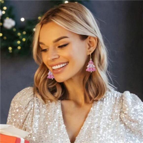 ✨ Pink Christmas Tree Earrings | Festive Holiday Dangle Jewelry | Gold Star - Picture 2 of 5